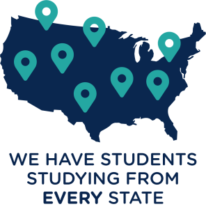 graphic with map that reads "we have students studying from every state