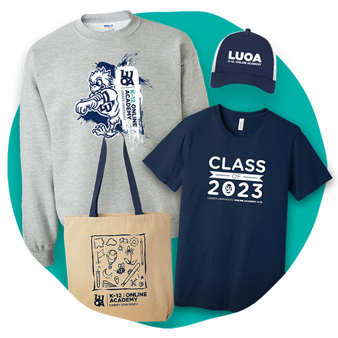 LUOA gear including a t-shirt, a pullover, a hat, and a tote bag