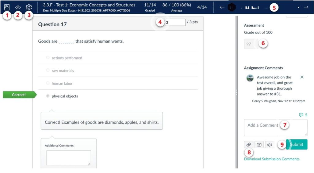 Detailed view of grading in Speedgrader