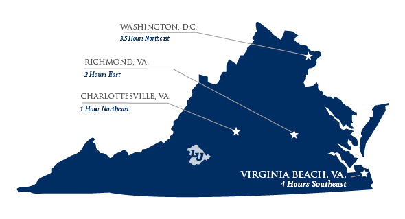 Image of Virginia showing various cities in the Commonwealth and their distance from LU's Lynchburg campus. Charlottesville, VA is 1 hour Northeast. Richmond, VA is 2 hours East. Washington D.C. is 3.5 hours Northeast. Virginia Beach, VA is 4 hours Southeast.
